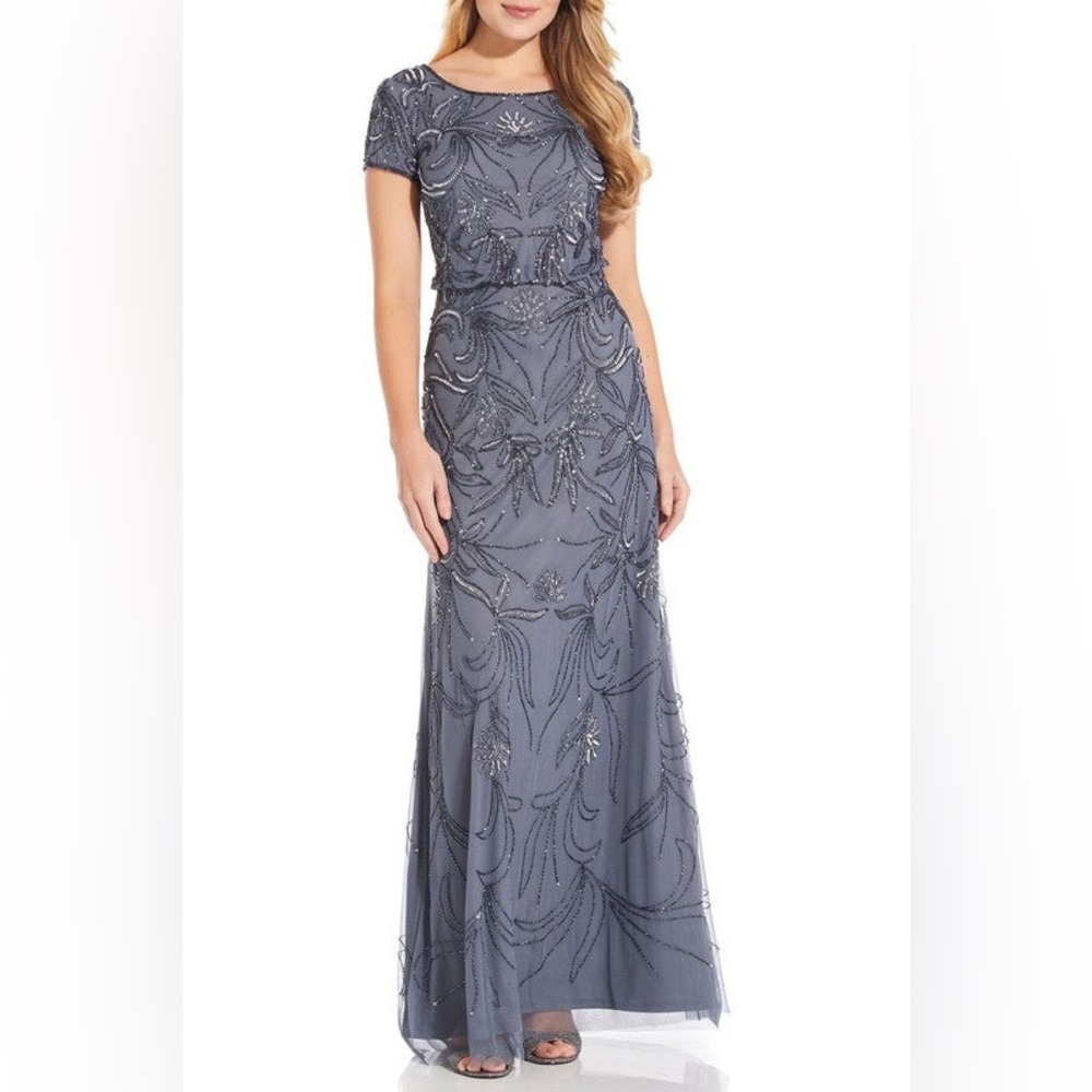 Adrianna Papell Slate Beaded Short-Sleeve Maxi Dress